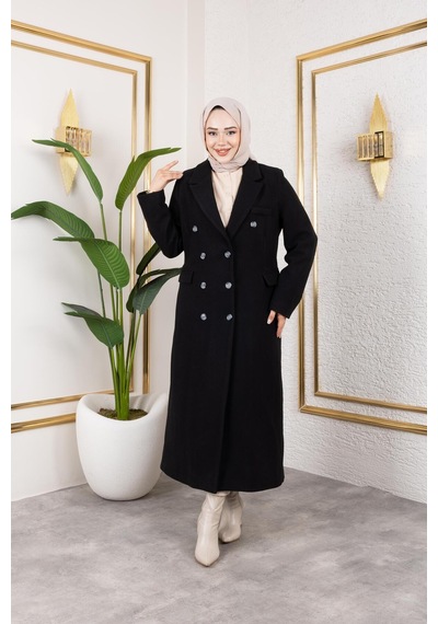 Hb Harma Time Butik Kadın Astarlı Düğmeli Cepli Uzun Siyah Kaşe Kaban Siyah Siyah