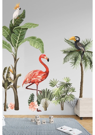 MSticker Flamingo Ve Kuşlar Safari Tropikal Hayvanlar Ve Ağaçlar Çocuk Bebek Odası Duvar Sticker