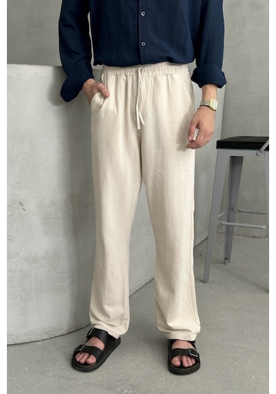 Erkek Beli Lastikli Baggy Kalıp Keten Pantolon Beyaz