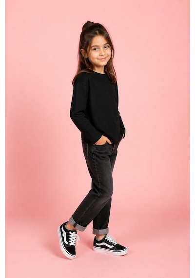 Eray Alp Kids Unisex Çocuk Siyah Basic Uzun Kol Günlük Rahat Kombin