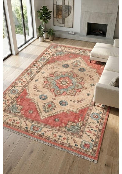 Dekoratif Halı Kaymaz Taban Leke Tutmaz Yıkanabilir Kilim Özel Ölçü Salon Halısı 3027-1 Çok Renkli