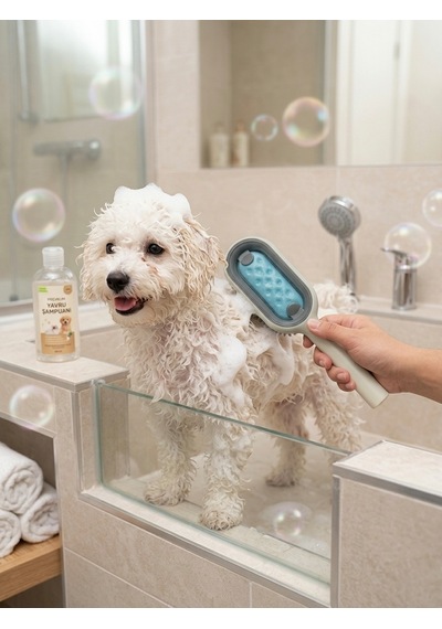 Hazneli Evcil Hayvan Duş Tarağı Kedi Köpek Tüy Toplayıcı Masaj Fırçası Mavi