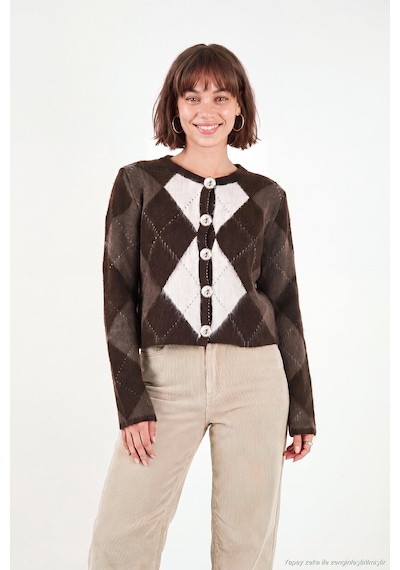 Lela Regular Fit Bisiklet Yaka Baklava Desenli Düğmeli Crop Hırka Kadın Hırka 4615570 Kahve