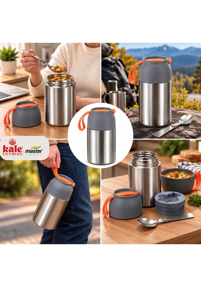 Kale Master 650 Ml Çelik Yemek Termosu 304 Paslanmaz Çelik Termal Yemek Kabı, Katlanabilir Kaşıklı Ve Taşıma Kulplu-497 Gümüş