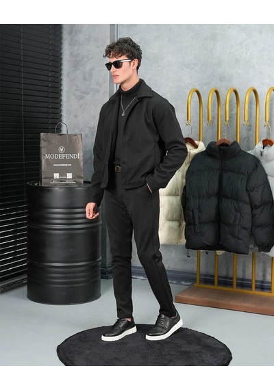 Modefendi Orta Slim Fit Düğme Detaylı Kaşmir Kaban Siyah