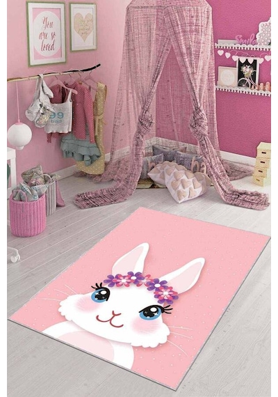 Pembe Yıkanabilir Kaymaz Tabanlı Tavşanlı Bebek Halısı Ar088n11