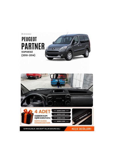 Peugeot Partner Ekranlı Kapaksız 2010-2014 Uyumlu Torpido Örtüsü - Siyah Gri