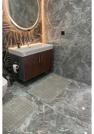 Modern Bubble Yıkanabilir Kaymaz Peluş Banyo Paspası Halısı 2'li Klozet Takımı 60x100 Ve 50x60 Kum