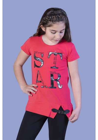 Toontoy Kids Toontoy Kız Çocuk Star Baskılı Kemer Detaylı Tişört Nar Çiçeği