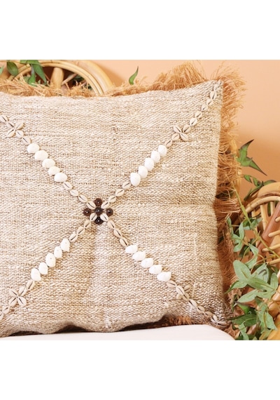 Boho Deniz Kabuklu Doğal Keten Kırlent Kılıfı Bej