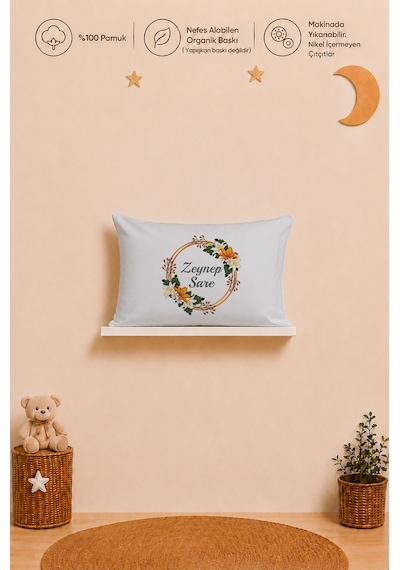 İsimli Kız Bebek Yastık Kılıfı 35x45 Cm %100 Pamuk Organik Baskılı İsme Özel Bebek Hediyesi 1118y