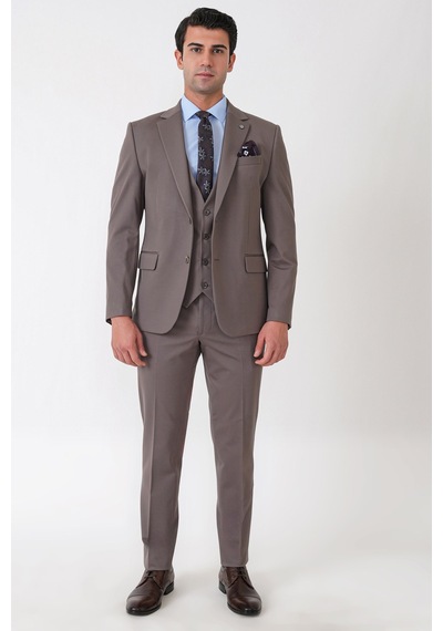 Efor Slim Fit Esnek Pamuklu Dokulu Vizon Yelekli Takım Elbise Tk 959
