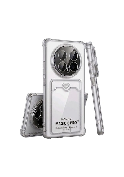 Honor Magic 8 Pro Uyumlu Kartlıklı Kılıf Köşe Korumalı Cüzdanlı Esnek Silikon Kapak - Şeffaf