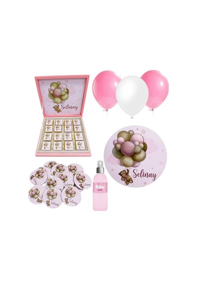 Bebek Doğum Hediyelik Süsleme Seti Çikolata Ahşap Magnet - Kapı Süsü - Kolonya - Balon Mod.1