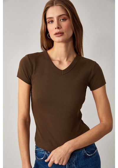 Ethıquet Masroutı Kadın Slim Fit V Yaka Kısa Kol Kahverengi T-shirt