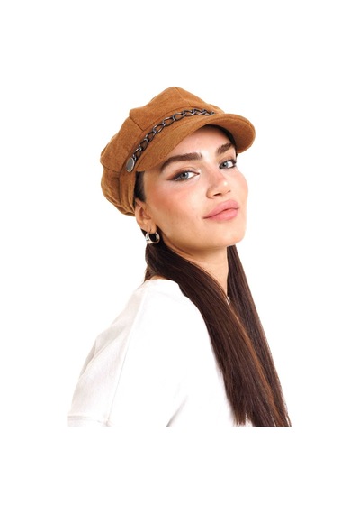 Ladycolor Şapka Zincir Aksesuarlı Kaşe Kumaş Taba Kahverengi