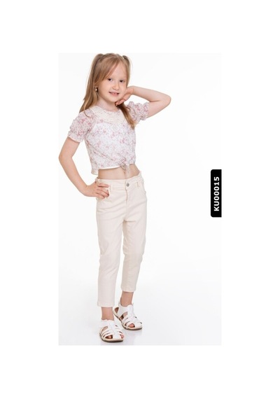 Xo Kids Pamuklu Çiçekli Dantel Yakalı Kız Çocuk Bluz 4-8 Yaş 34552 Ekru - Pudra