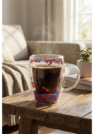 Makri Home Çift Cidarlı Bordo Mavi Cam Kupa 350 Ml Isıya Dayanıklı Şeffaf
