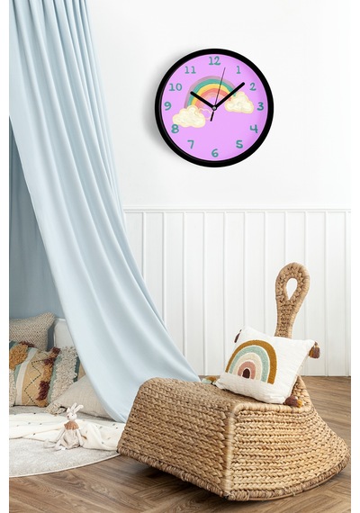 Gökkuşağı Tasarımı Çocuk Odası Duvar Saati - 25cm - Önü Camlı Siyah Kasa - Sessiz Mekanizma-jh1132 Siyah