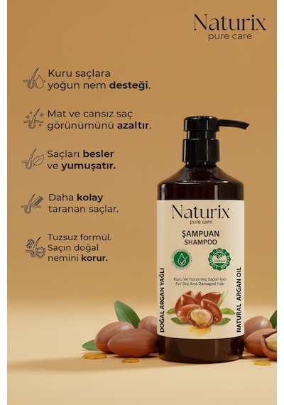 Naturix Hacimli Saçlar için Tuzsuz Argan Şampuan 600 ML