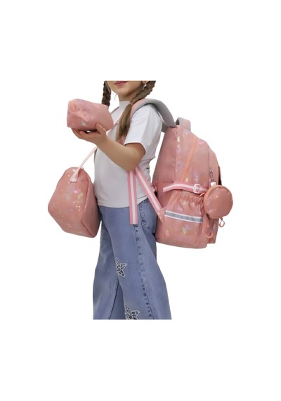 3 Lü Kız Çocuk Okul Çantası Sırt Çantası, Beslenme Çantası, Kalemlik Pembe