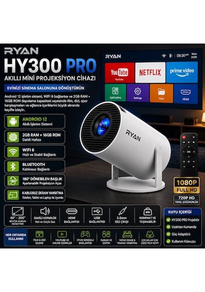 Hy300 Pro Akıllı Projektör 2gb Ram 16gb Rom Android Wifi 6 Bluetooth 5.0 4k Destekli