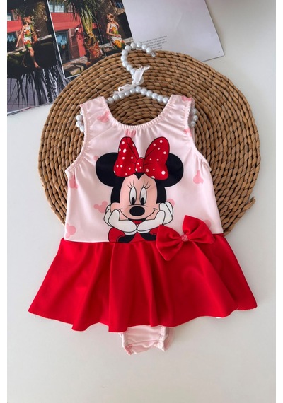 Minigimin Cicileri Mnn Baskılı Fiyonk Detaylı Kız Çocuk Mayo Bikini - Pembe