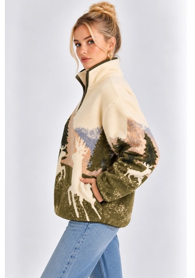 Mevese Cepli Ve Yarım Fermuarlı Dik Yaka Desenli Kadın Oversize Polar Sweat - Krem-yeşil Mevese Cepli Ve Yarım Fermuarlı Dik Yaka Desenli Kadın Oversize Polar Sweat - Krem-yeşil