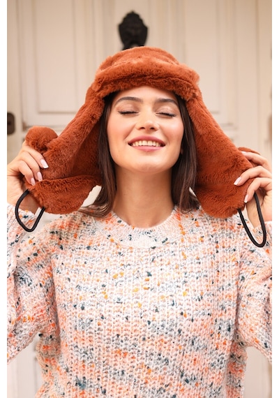 Kadın Kürklü Kulaklıklı Peluş Şapka Rkş-04 Kiremit Kiremit