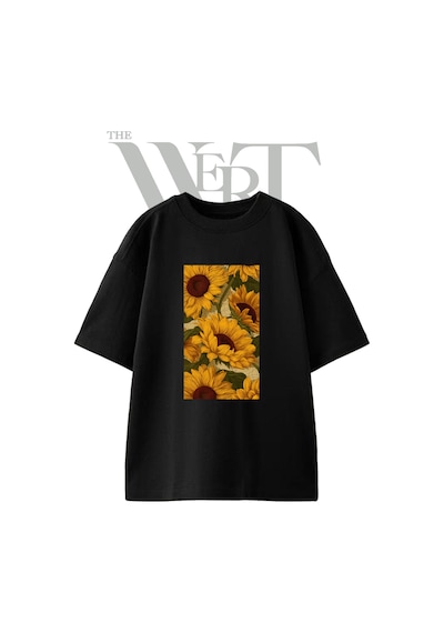 Thewert Sunflower Pattern Tasarım Baskılı Ünisex Siyah Oversize T-shirt