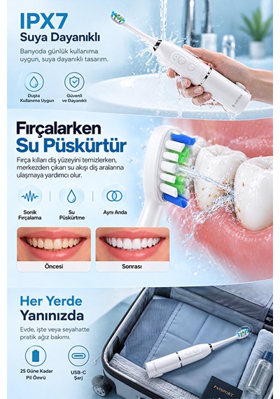 Su Püskürtmeli Sonik Elektrikli Diş Fırçası Ve Hassas Diş Arası Temizleyicisi Şarjlı
