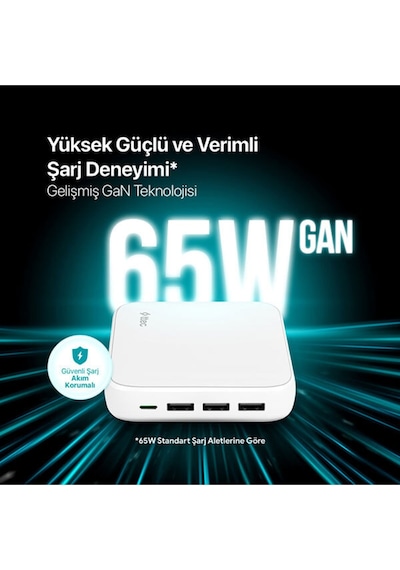 Smartcharger Quattro Gan 65w Pd Seyahat Hızlı Şarj Aleti Usb-c + 3 Usb-a Macbook, İphone Uyumlu