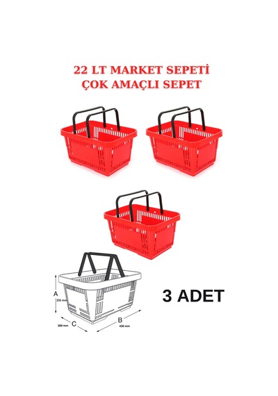 22 Litre 3 Adet Market Sepeti, Alışveriş Sepeti, Saplı Market Sep