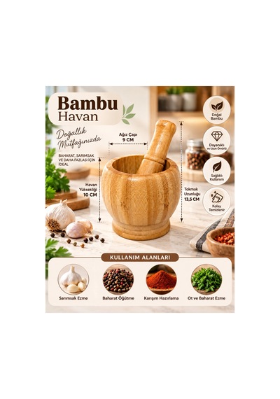 Bambu Havan Sarımsak Ezeceği Baharat Sarımsak Havan