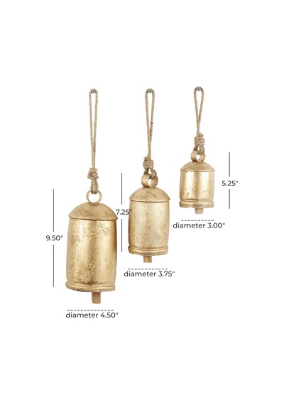 Dekoratif Metal İnek Çanı, Tibet Esintili, Meditasyon, Asmak İçin Jüt Halatlı, 3 Adet, 25,4 Cm, 20,3 Cm, 15,2 Cm Yüksekliğinde, Altın Rengi