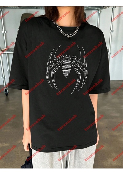 Startmore Unisex Örümcek Baskılı Tshirt Beyaz Siyah