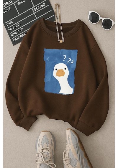 Benroma 3 İplik Penye Ördek Baskılı Unisex Sweatshırt Kahverengi
