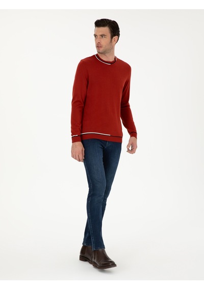 Cacharel Kiremit Slim Fit Yün Karışımlı Bisiklet Yaka Triko Kazak Kırmızı