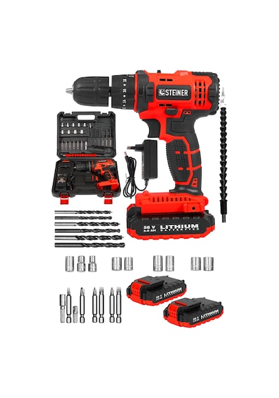 Steiner Sta 58 V 5 Ah Darbeli Çift Akülü Vidalama Kırmızı + 24 Parça Set