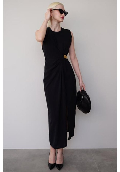 Madmext Siyah Bronşlu Midi Boy Kadın Elbise Mg2418 Siyah