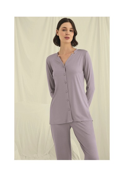 L'ombre Uzun Kollu Boydan Düğmeli V Yaka Pijama Takımı Gri