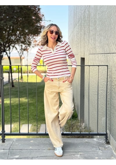 Polo Yaka Çizgili Kaşkorse Bluz - S504446 Çok Renkli
