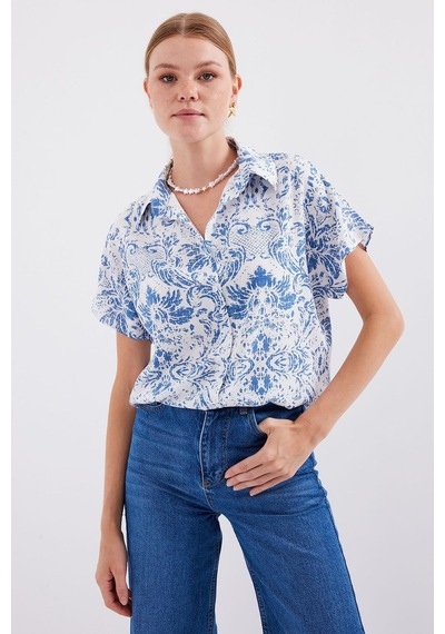 Hiccup Bdart Desenli Krep Viskon Düğmeli Gömlek Koyu Mavi Denim