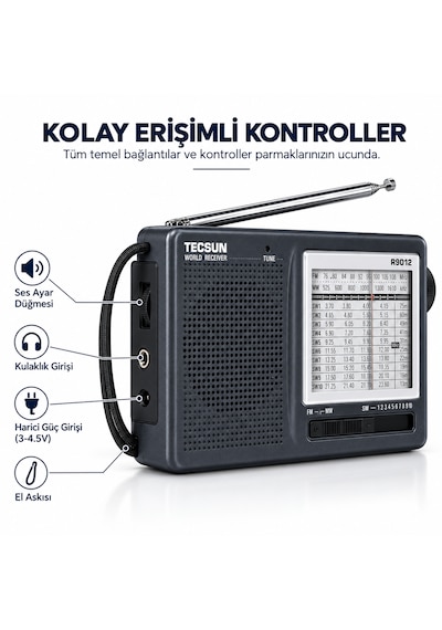 Tecsun R-9012 Pilli 12 Bant Dünya Radyosu Fm Mw Sw Kısa Dalga Analog Cep Radyosu Teleskopik Antenli