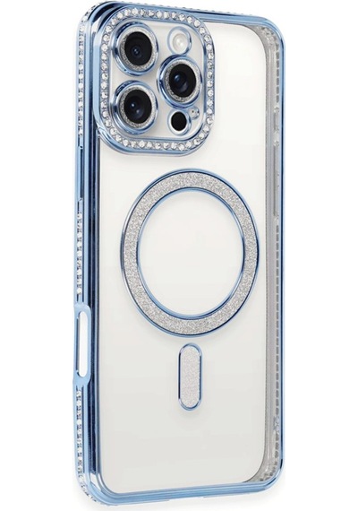 Apple Uyumlu iPhone 16 Pro Kılıf Joke Seri Magsafe Özellikli Taşlı Simli Silikon Kapak Mavi