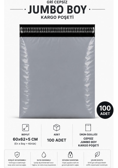 Gri Cepsiz Jumbo Boy Kargo Poşeti 60x62+5 Cm 100 Adet