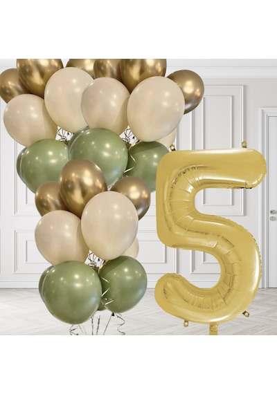5 Yaş Retro Küf Yeşili Krom Gold Kum Beji Balon Seti Gold Rakam Doğum Günü Balonu Şık Parti Süsleme Çok Renkli