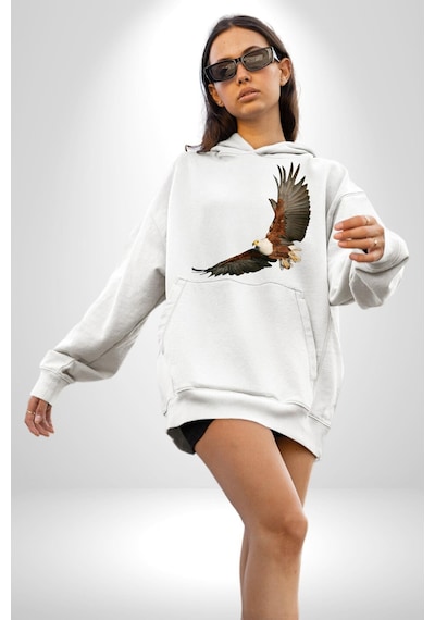Kartal Özgürlük Kadın Erkek Beyaz Kapüşonlu Sweatshirt Hoodie Beyaz