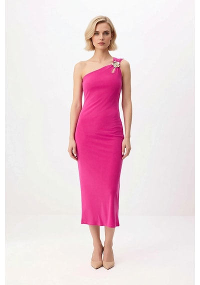 Benerly Kadın Asimetrik Yaka Tek Omuz Bodycon Midi Elbise Aksesuar Detayl Fuşya