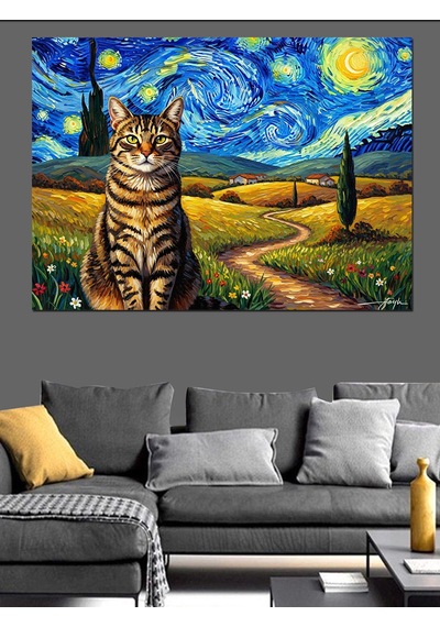 Van Gogh Tarzı Yıldızlı Gece Kedisi Dekoratif Kanvas - Mdf Ahşap Tablo